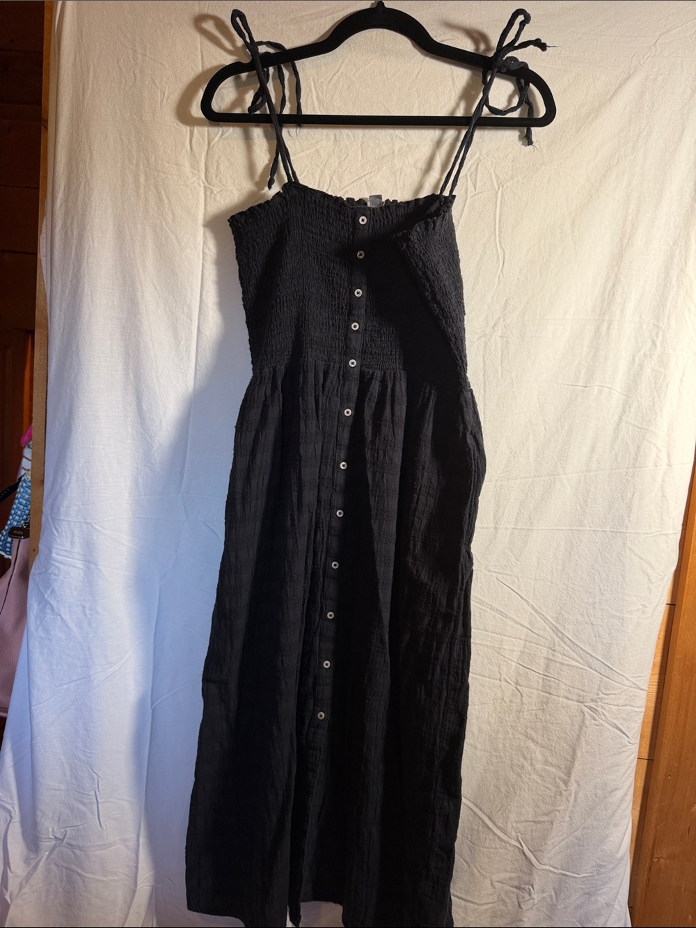 aerie Black Tie-Shoulder Button-Front Maxi Dress
